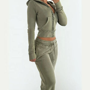 Custom Embroidery Logo Winter Solid Sport <b>Tracksuit</b> 2-Piece Sweatpants and Zip-Up Hoodie Set for Women - Product Image 2
