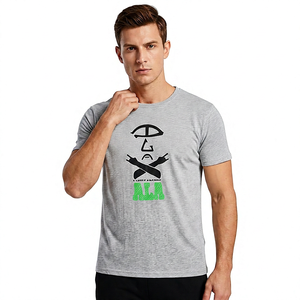<b>Men's</b> Gray Short Sleeve T-Shirt with Front Letter Print Regular Fit <b>Turtleneck</b> Formal Style Knitted Cotton Breathable - Product Image 5