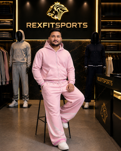 REXFITSPORTS Men <b>Pink</b> Zip-Up <b>Hoodie</b> Tracksuit Oversized Casual Streetwear Full Length Sweatpants Set Solid Color Loose Fit - Product Image 4
