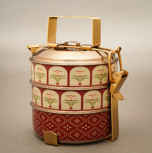 Cream brass tiffin <b>box</b>, 3 tier elegant flower food carrier, antique botanical metal lunch <b>box</b>, available at wholesale prices. - Product Image 5