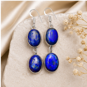 Natural Lapis Lazuli <b>Gemstone</b> Silver Dangle Earrings, Handmade 925 Sterling Silver Drop Earrings, Blue Stone Jewelry for Women - Product Image 1