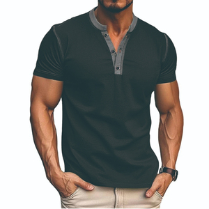 SELF INDUSTRIES T-shirts décontractés d'été pour hommes, à manches courtes, en popeline respirante, mélange polyester/coton imprimé, à bouton unique - Product Image 4