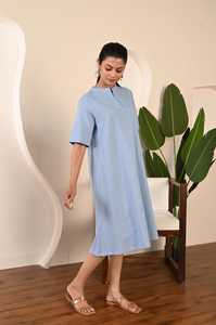 Robe midi en coton pour femmes, coupe évasée, bleu uni, manches courtes, décontractée, ample, robe d'été - Product Image 3