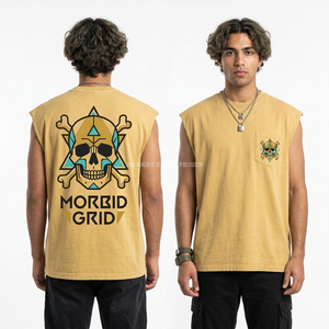 <b>Yellow</b> Sleeveless Muscle Tee Morbid Grid Skull Pocket Tank Top Manufacturer Heavyweight Cotton Custom Apparel Vendor - Product Image 1