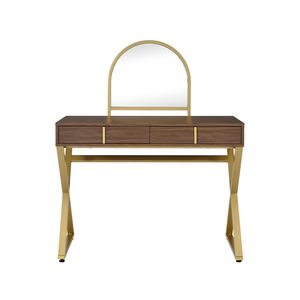 Coleen Walnut and Gold Finish <b>Makeup</b> <b>Vanity</b> Desk with Mirror and Jewelry Tray - Product Image 4
