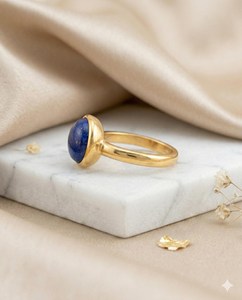 Natural Lapis Lazuli 8mm Cabochon Gemstone Christian Bohemian Gold Plated Minimalist <b>Ring</b> Bezel Setting Elegant Stackable - Product Image 2