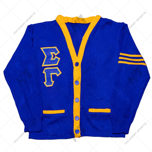 Custom Unisex Design Sigmma Gammma Royal Blue Yellow Greek Letter Varsity <b>Cardigan</b> <b>Sweater</b> - Product Image 1