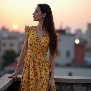 Vestido cruzado de manga de aleteo amarillo de algodón con diseño floral para mujer con un estilo diario elevado - Product Image 4