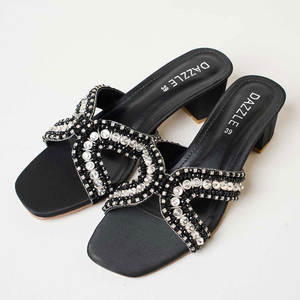 <b>Suede</b> Velvet Crystal Crossover Straps Anti-Slippery Comfortable Fashion Trend Printed Customizable Bold <b>Black</b> Base Slipper <b>Heels</b> - Product Image 1