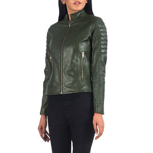 Veste d'équitation pour femme en cuir véritable vert olive, imperméable, manches rembourrées, fermeture éclair, logo imprimé, bouton, production en série OEM ODM - Product Image 6