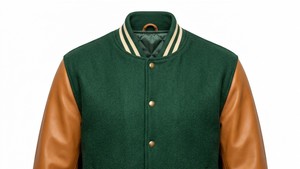 Veste Varsity Verte pour Hommes avec Manches en Cuir Marron, Fermeture à Boutons, Veste Casual, Col Revers, Veste en Polaire - Product Image 5