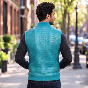 Gilet en cuir pour homme, gilet en cuir de motard, gilet en cuir véritable, gilet de moto, gilet western en cuir gaufré crocodile - Product Image 4