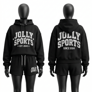 Ensemble sweat à capuche et short en molleton de coton et polyester premium pour femme, noir, streetwear, impression sérigraphique, logo personnalisé - Product Image 4