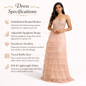 Elegant Peach Tiered Tulle Maxi Dress | <b>Spaghetti</b> <b>Strap</b> Sweetheart Neck | Modern A-Line Party Evening Gown | Women Formal Wear - Product Image 2
