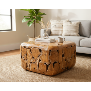 Eco-Friendly Living Room Furniture Combining Natural Wood Texture Premium Handcrafted Rustic Teak Root <b>Cube</b> Coffee ARTERRA - Product Image 5