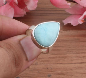 Anillos Delicados de Larimar, Plata de Ley S925, Engaste de Bisel, Juego Apilable, Cabujón de Piedra Preciosa Azul, Regalo para Mejores Amigas o Bodas - Product Image 2