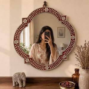 Prix de gros usine Cadre de miroir rond moderne réglable fait main avec incrustation d'os, motif floral blanc et noir, en panneau MDF - Product Image 5
