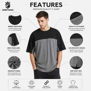 เสื้อยืดแขนสั้นดีไซน์ล่าสุด สีดำเทา คัลเลอร์บล็อก คอกลม เสื้อยืดแบรนด์ส่วนตัว แห้งเร็ว สำหรับผู้ชาย - Product Image 5