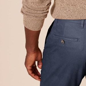 Pantalon chino en coton bleu marine pour homme, coupe droite, taille mi-haute, devant plat, fermeture boutonnée, tissu Oxford décontracté, respirant, tissé - Product Image 4