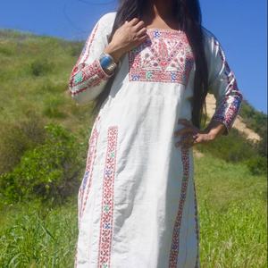 Antique Bedouin <b>Kaftan</b> Handmade and One-of-a-kind 100% Thicker Handwoven Cotton Chain Stitch Embroidery Circa Mid-Century - Product Image 1