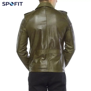 SPOFIT Men's Olive Green Leather Jacket Zipper Closure Turn-down Collar Workwear Style Regular Fit - Product Image 2