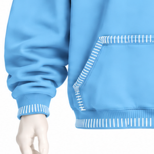 <b>Sky</b> <b>Blue</b> Stitched Border Distressed Hoodie Oversized Pullover Sweatshirt Contrast Stitch Kangaroo Pocket Casual Streetwear <b>Top</b> - Product Image 5