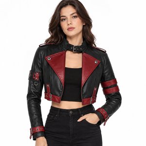 Veste matelassée en cuir noir et rouge pour femme avec épaulettes, détails à boucles, col montant, manches longues, longueur normale, automne-hiver - Product Image 5