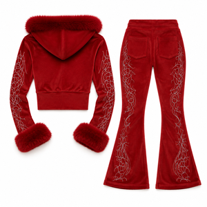 Ensemble de survêtement évasé en velours pour femme avec strass et veste à capuche zippée à bordure en fausse fourrure pour la vente en gros aux boutiques et les commandes personnalisées - Product Image 2