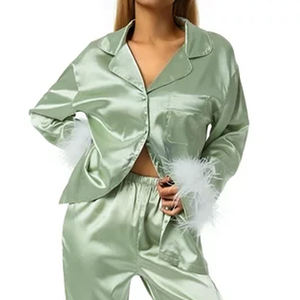 Ensemble de pyjama en satin respirant pour femme, imprimé numérique, manches courtes, col en V, longueur intégrale, taille élastique, tenue de nuit estivale - Product Image 4