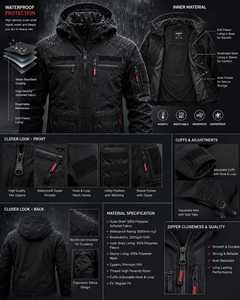 Blouson de moto à capuche pour homme, coupe-vent, rembourrage épais en polyester, fermeture éclair, vêtement d'extérieur hiver, style motard - Product Image 3