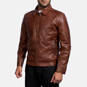 <b>Men's</b> <b>Brown</b> Genuine <b>Leather</b> Moto <b>Jacket</b> Turn-down Collar Zipper Closure Slim Fit Regular Sleeve Solid Color Autumn Wear trending - Product Image 1
