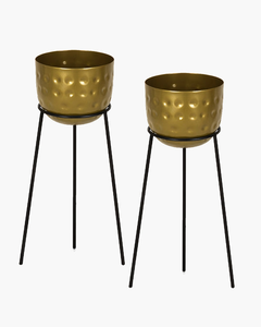 Pot de fleurs en métal martelé doré avec support en métal noir, pot de fleurs rond décoratif pour plantes d'intérieur, maison moderne, bureau, salon - Product Image 4