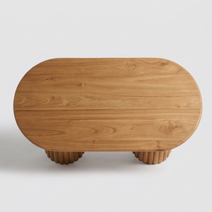 Table basse ovale en teck massif artisanal moderne avec base cannelée, écologique, pour salon - Product Image 3