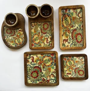 Bandeja de servir de madera hecha a mano con diseño de azulejos de cerámica y cuencos para aperitivos a bajo precio por AALIYAN IMPEX - Product Image 4