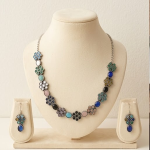 Floral Link <b>Statement</b> <b>Necklace</b> Earrings Set Multi-Colored Gemstone Centers Bohemia Style Oxidized Silver Plated Adjustable - Product Image 1