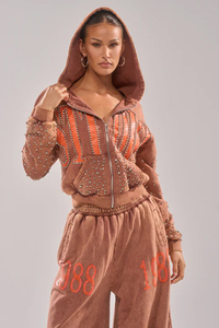 Ensemble de sweat-shirt à capuche surdimensionné avec détails en strass en tissu French Terry marron, vêtements unisexes pour l'automne - Product Image 2
