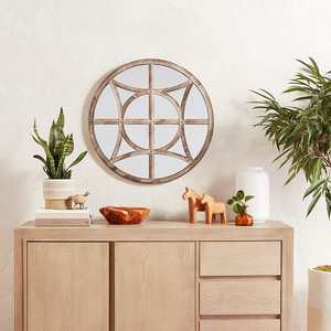 Miroir mural décoratif vintage en bois avec boussole et poutre en pierre, finition teinte foncée, style nautique, pour salon, chambre et entrée - Product Image 4