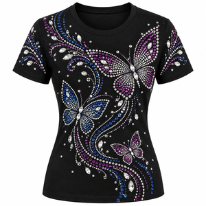T-shirt décontracté en jean pour femme, personnalisé avec strass scintillants et cristaux, clouté, uni, respirant et écologique - Product Image 5