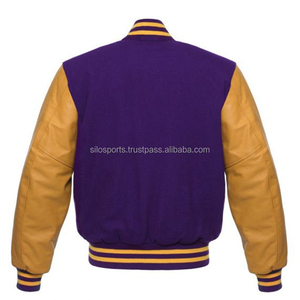 แจ็กเก็ตแฟชั่นขนแกะสีน้ำเงินแขนเสื้อหนังสีขาวงานทำมือแบบคลาสสิก - Product Image 4