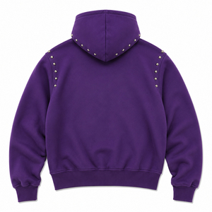 Sudadera con Capucha Oversize Morada de Sarga con Tachuelas y Estampado de Letras Personalizado, Bolsillo Delantero, Ropa de Otoño para Hombre, Estilo Urbano - Product Image 2