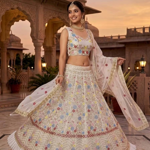 Lehenga Choli de créateur blanc multicolore brodé avec dupatta en résille – Lehenga de mariée à motifs floraux riche pour mariage et soirée - Product Image 1