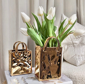 Charming hand-painted metal vase featuring a colorful textured <b>mosaic</b> design with a polished gold flared neck, at wholesale. - Product Image 6