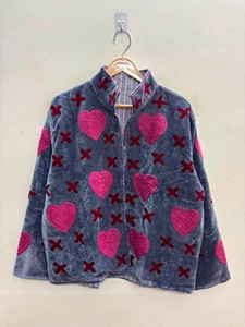 <b>Velvet</b> <b>Jacket</b> With Pink Hearts <b>Jacket</b> Embroidery Stand Collar Full Sleeve Winter Coat Gift for Her - Product Image 1