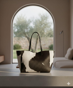 Cowhide <b>Tote</b> <b>Bag</b> Women's Fashion Shoulder <b>Bag</b> Black <b>White</b> Pattern Large Capacity Daily Use All Seasons - Product Image 4