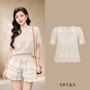 <b>Women's</b> Cream Floral Lace Short Sleeve Blouse with <b>Mesh</b> Lining Scalloped Hem Elegant Lace <b>Top</b> Casual Style ASTORIE - Product Image 1