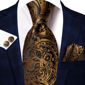 Corbata de seda floral negra y dorada con gemelos y pañuelo de bolsillo a juego, corbata clásica para hombre para ocasiones de negocios y fiestas. - Product Image 2