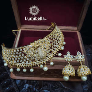 One Gram Gold Peacock Choker <b>Necklace</b> for Wedding Party Gift - Product Image 1