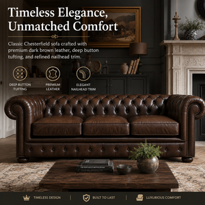 Sofá Chesterfield Tradicional de Cuero Marrón de 3 Plazas con Respaldo Acolchado y Brazos Enrollados, Sofá Clásico para Sala de Estar, Oficina, Vestíbulo de Hotel - Product Image 4