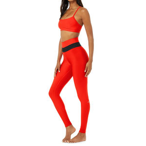 Ensemble de yoga et d'entraînement pour femme, rouge, dos croisé, en dentelle, taille unie, grande taille, qualité supérieure, taille mi-haute, écologique, délavé, avec strass - Product Image 4