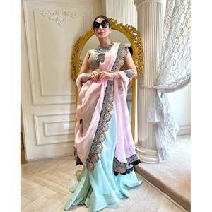 DESIGNER WEAR ORGANZA EMBROIDERY WORK SHARARA BLOUSE WITH <b>SHRUG</b> SKY - Product Image 1